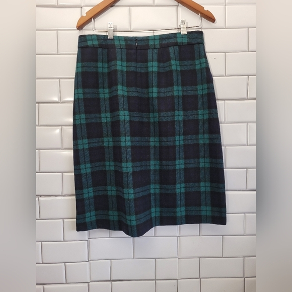 LANDS’ END Women’s Wool Blend Midi Skirt Side Pockets Green Blue Tartan Pattern - Picture 1 of 7